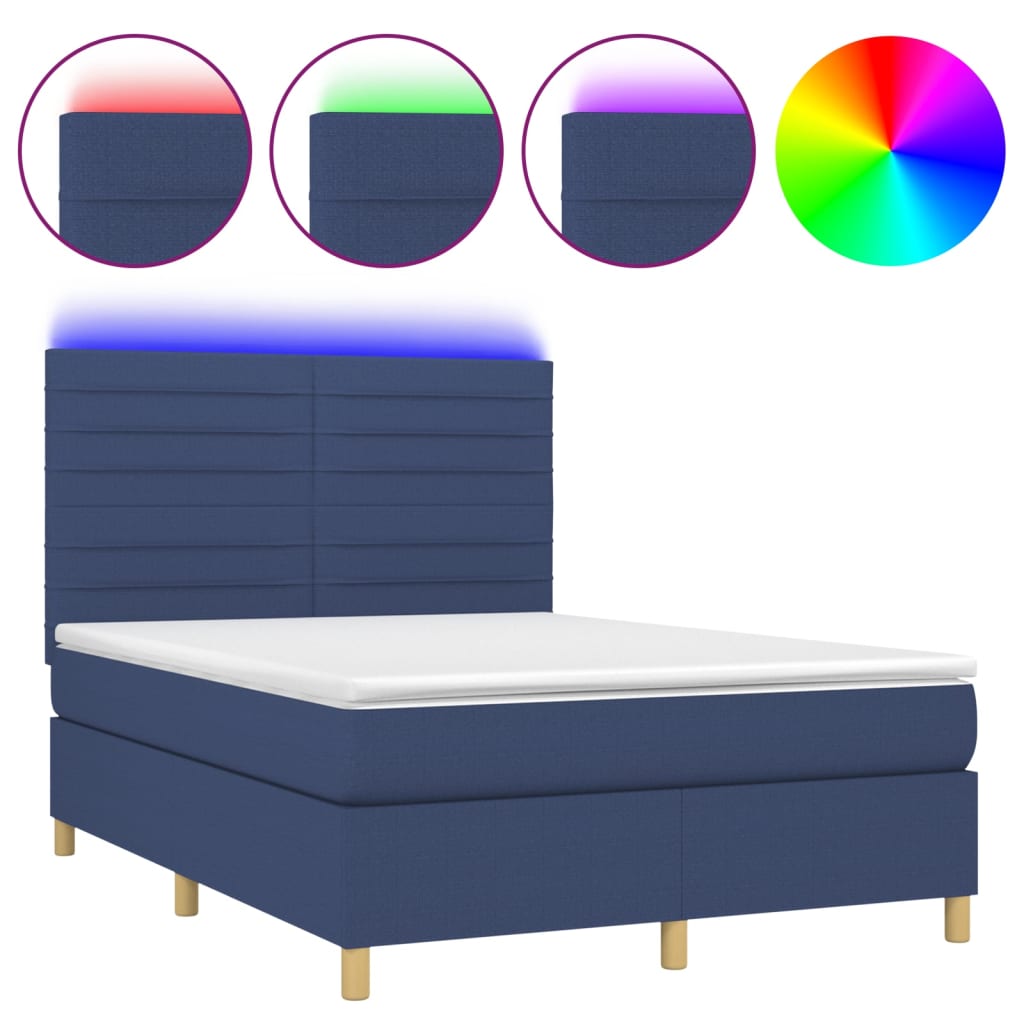 Boxspring Met Matras En Led Stof Blauw 140 x 200 cm Horizontale strepen
