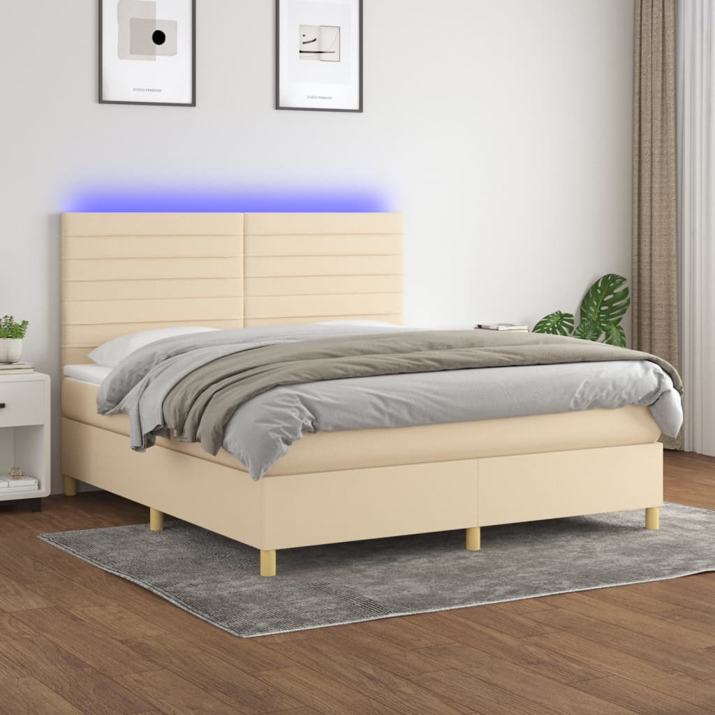 Boxspring Met Matras En Led Stof Kleurig 180 x 200 cm Crème