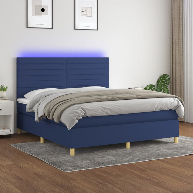 Boxspring Met Matras En Led Stof Blauw 180X200 Cm Blauw 180 x 200 cm Horizontale strepen