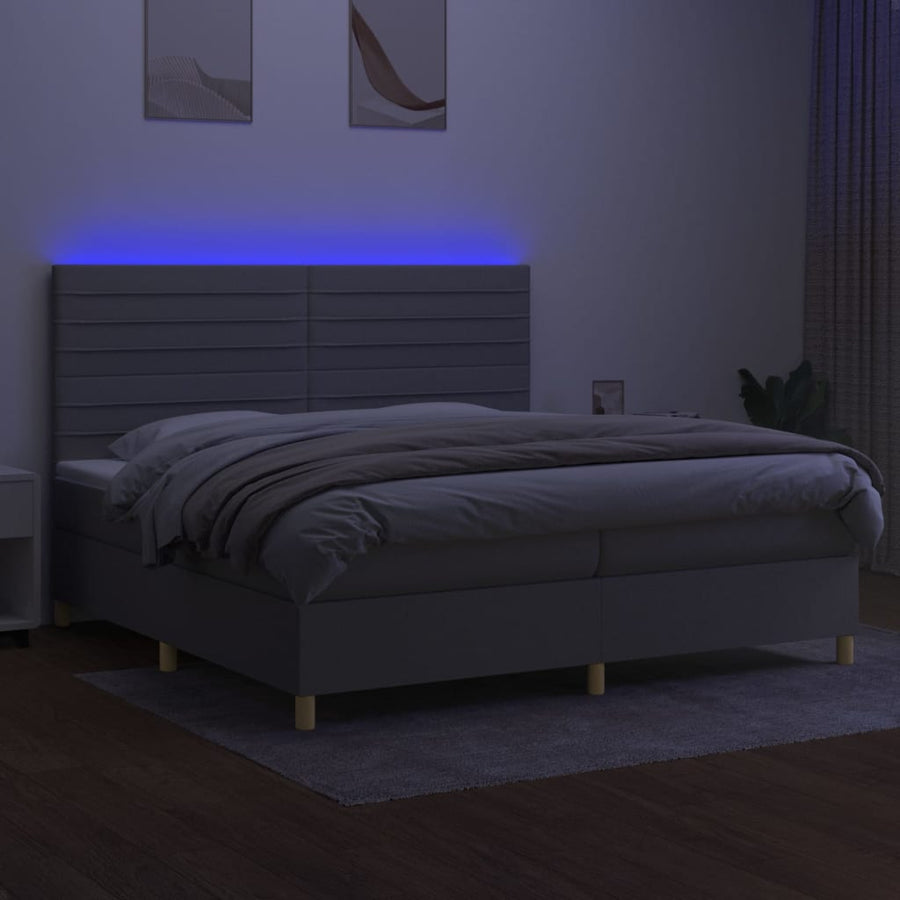 Boxspring Met Matras En Led Stof Lichtgrijs 200 x 200 cm Horizontale strepen