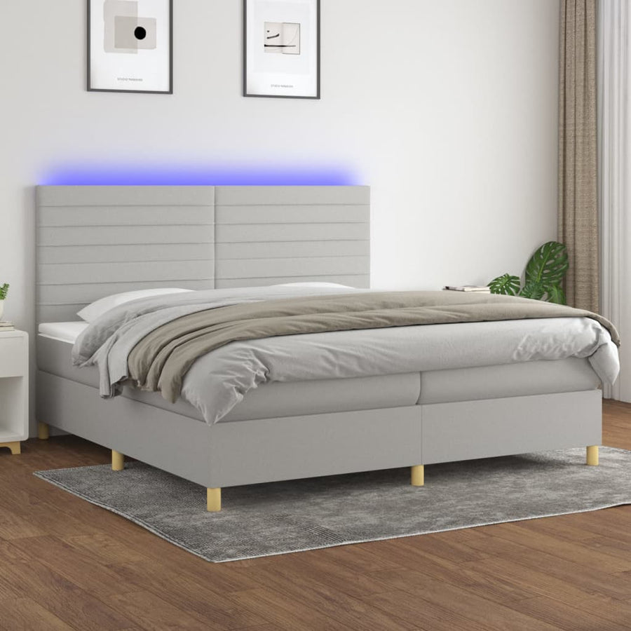 Boxspring Met Matras En Led Stof Lichtgrijs 200 x 200 cm Horizontale strepen