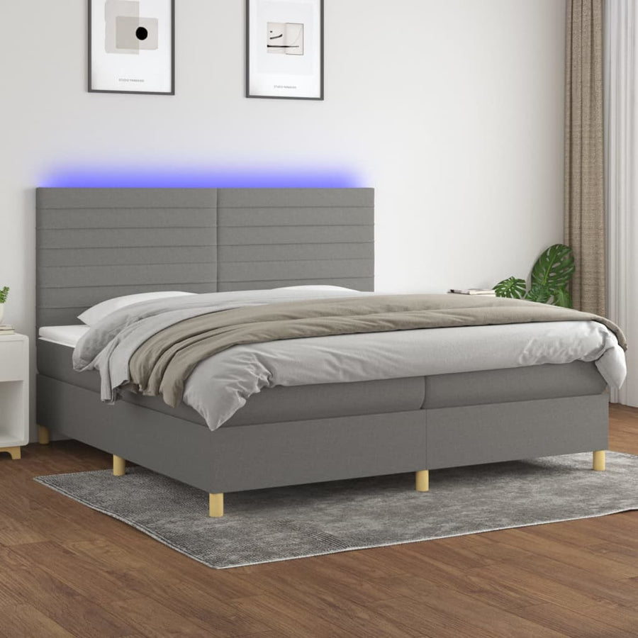 Boxspring Met Matras En Led Stof Donkergrijs 200 x 200 cm Horizontale strepen