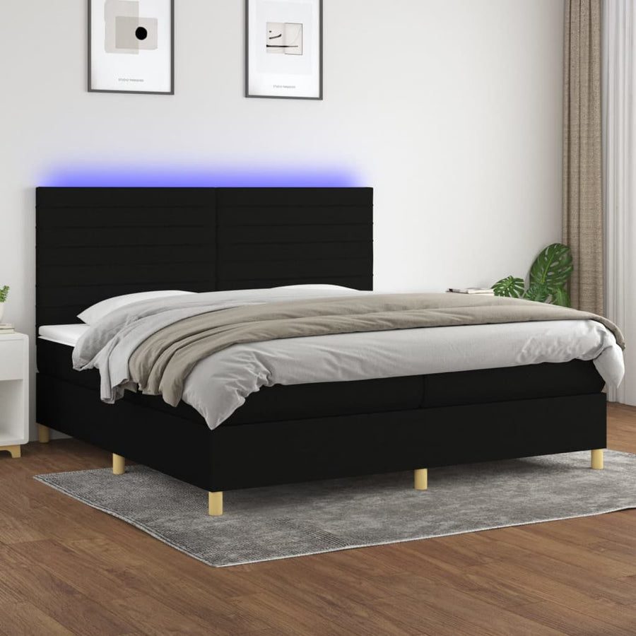 Boxspring Met Matras En Led Stof Zwart 200 x 200 cm Horizontale strepen