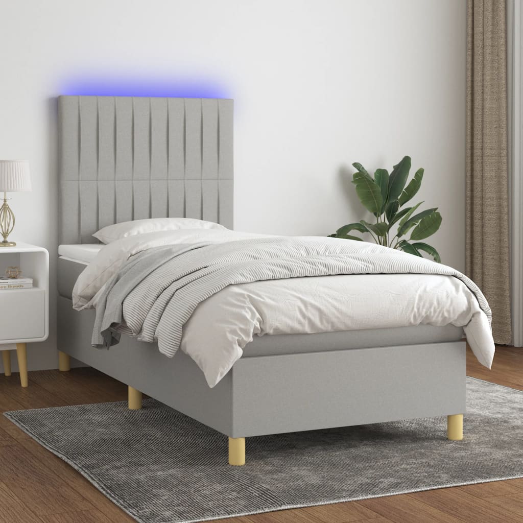Boxspring Met Matras En Led Stof Lichtgrijs 90 x 190 cm Verticale strepen
