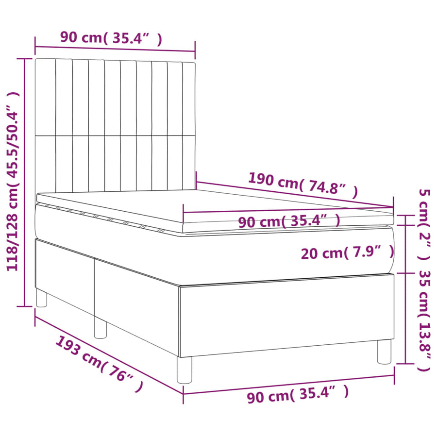 Boxspring met matras en LED stof taupe 90x190 cm 90 x 190 cm Verticale strepen
