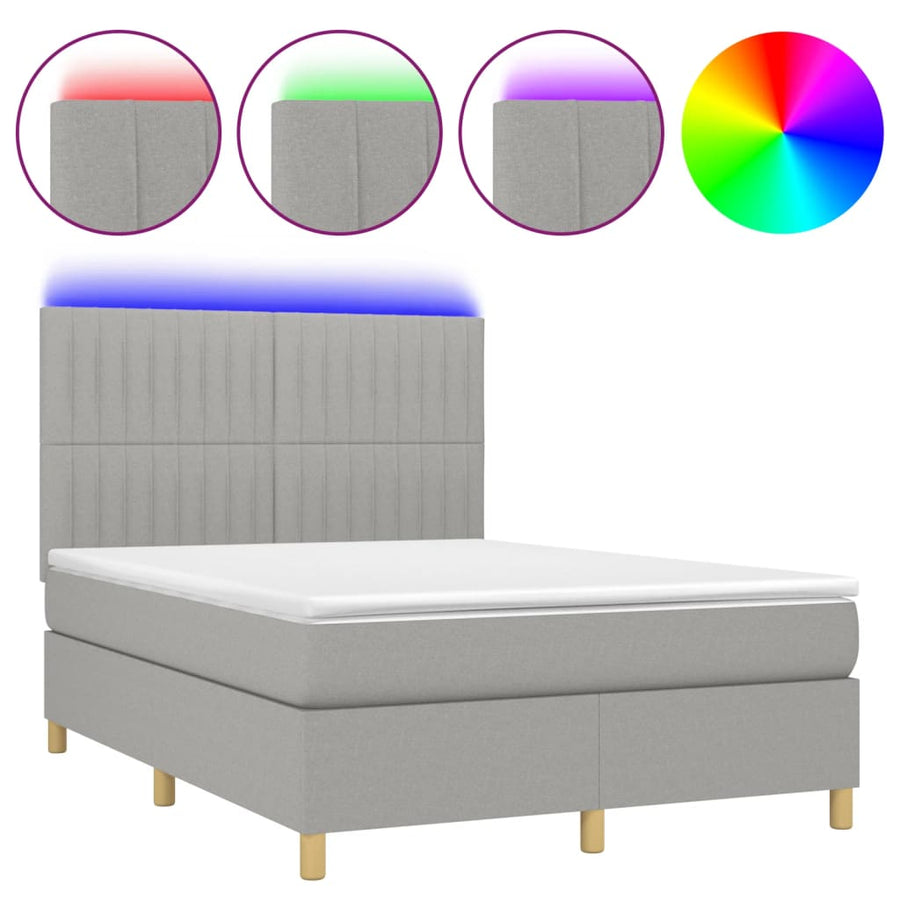 Boxspring Met Matras En Led Stof Lichtgrijs 140 x 190 cm Verticale strepen