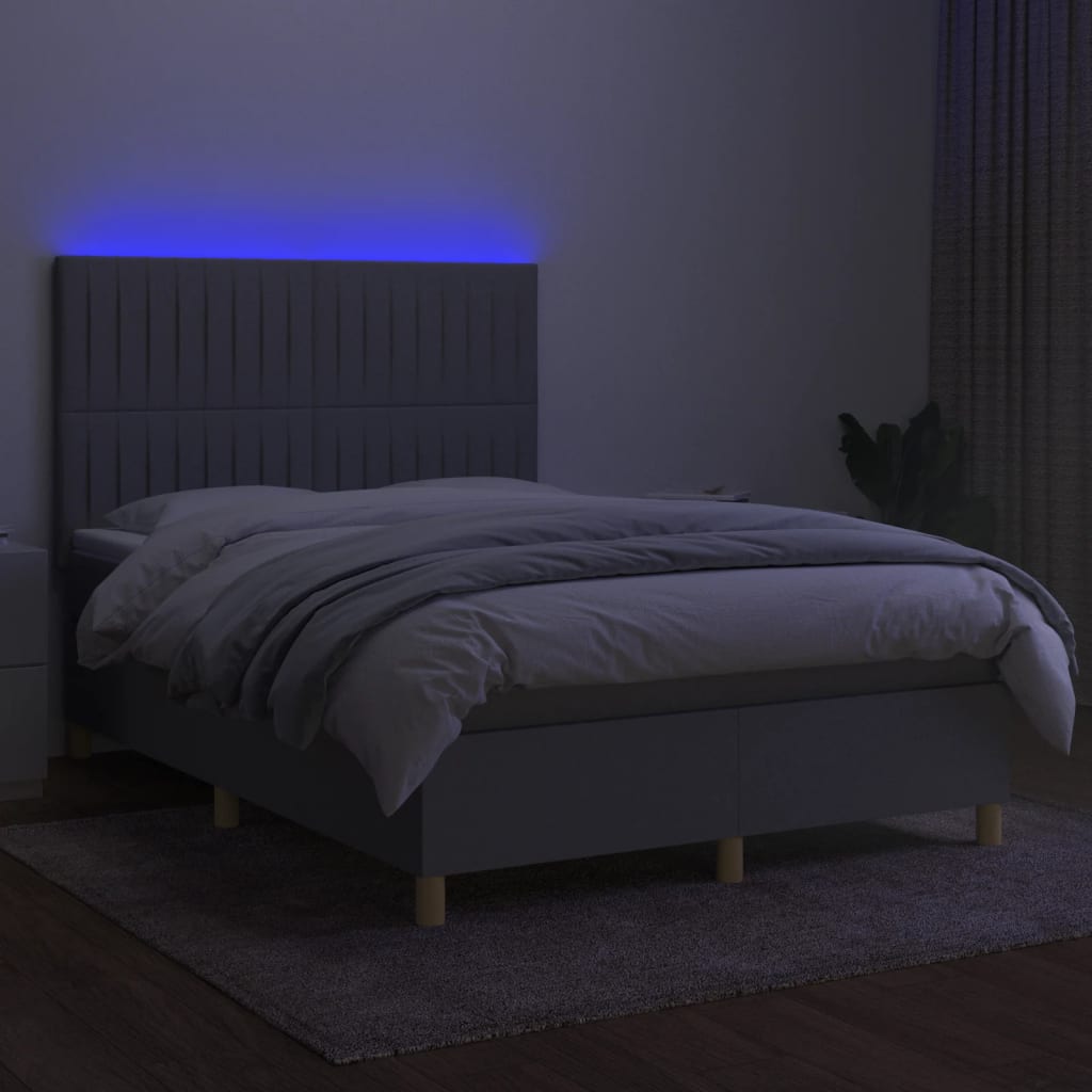 Boxspring Met Matras En Led Stof Lichtgrijs 140 x 190 cm Verticale strepen