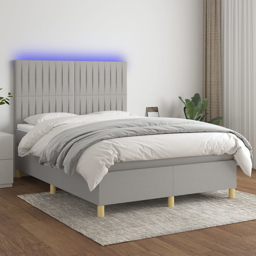 Boxspring Met Matras En Led Stof Lichtgrijs 140 x 190 cm Verticale strepen