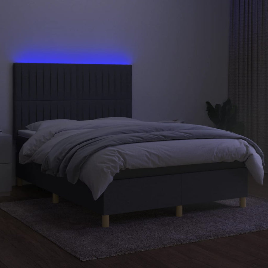 Boxspring Met Matras En Led Stof Donkergrijs 140 x 190 cm Verticale strepen