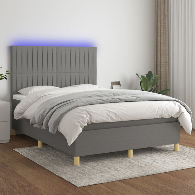 Boxspring Met Matras En Led Stof Donkergrijs 140 x 190 cm Verticale strepen