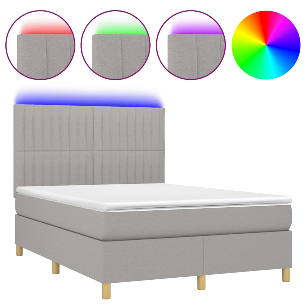 Boxspring Met Matras En Led Stof Lichtgrijs 140 x 200 cm Verticale strepen