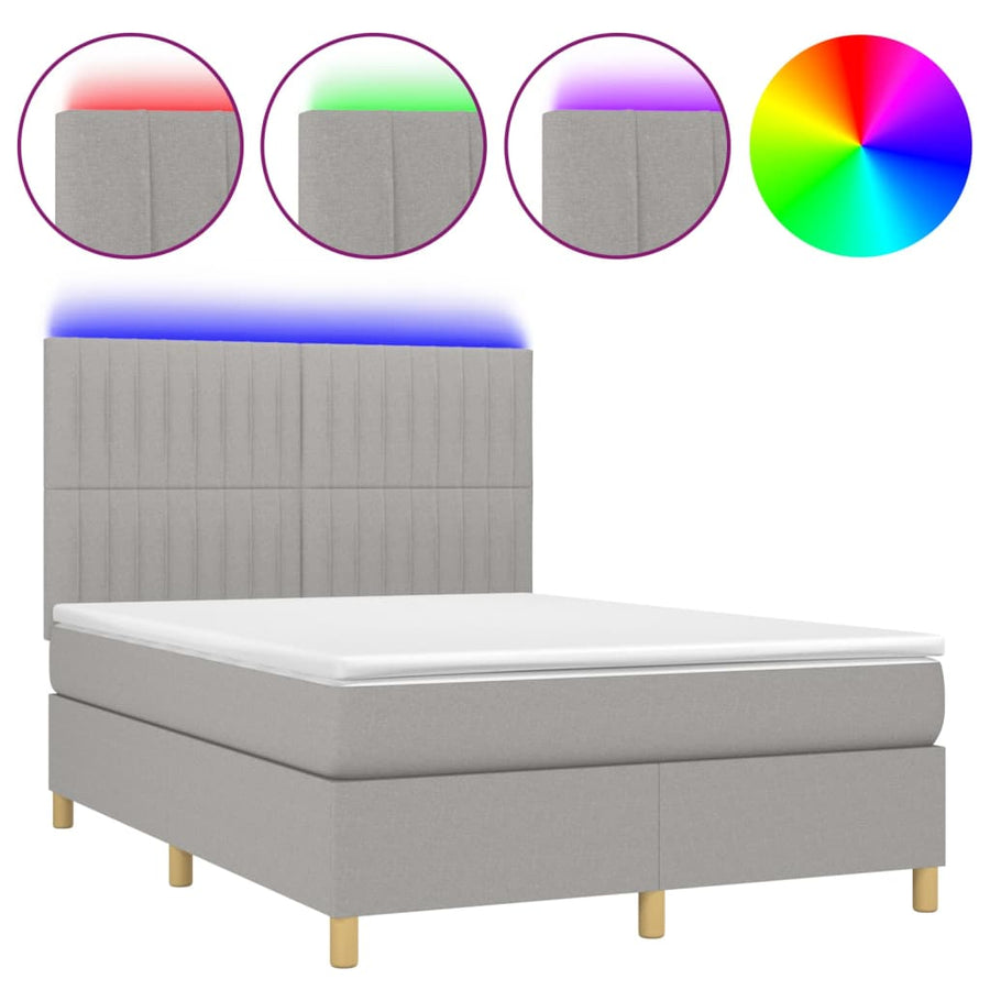 Boxspring Met Matras En Led Stof Lichtgrijs 140 x 200 cm Verticale strepen