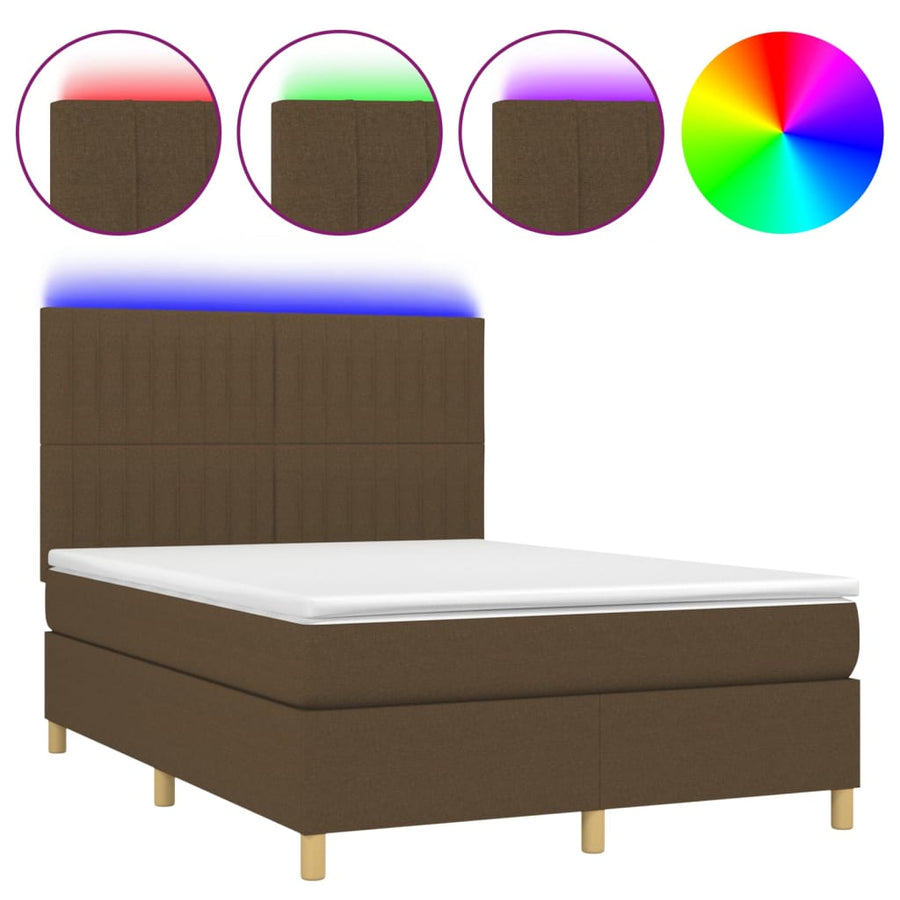 Boxspring met matras en LED stof donkerbruin 140x200 cm 140 x 200 cm Donkerbruin