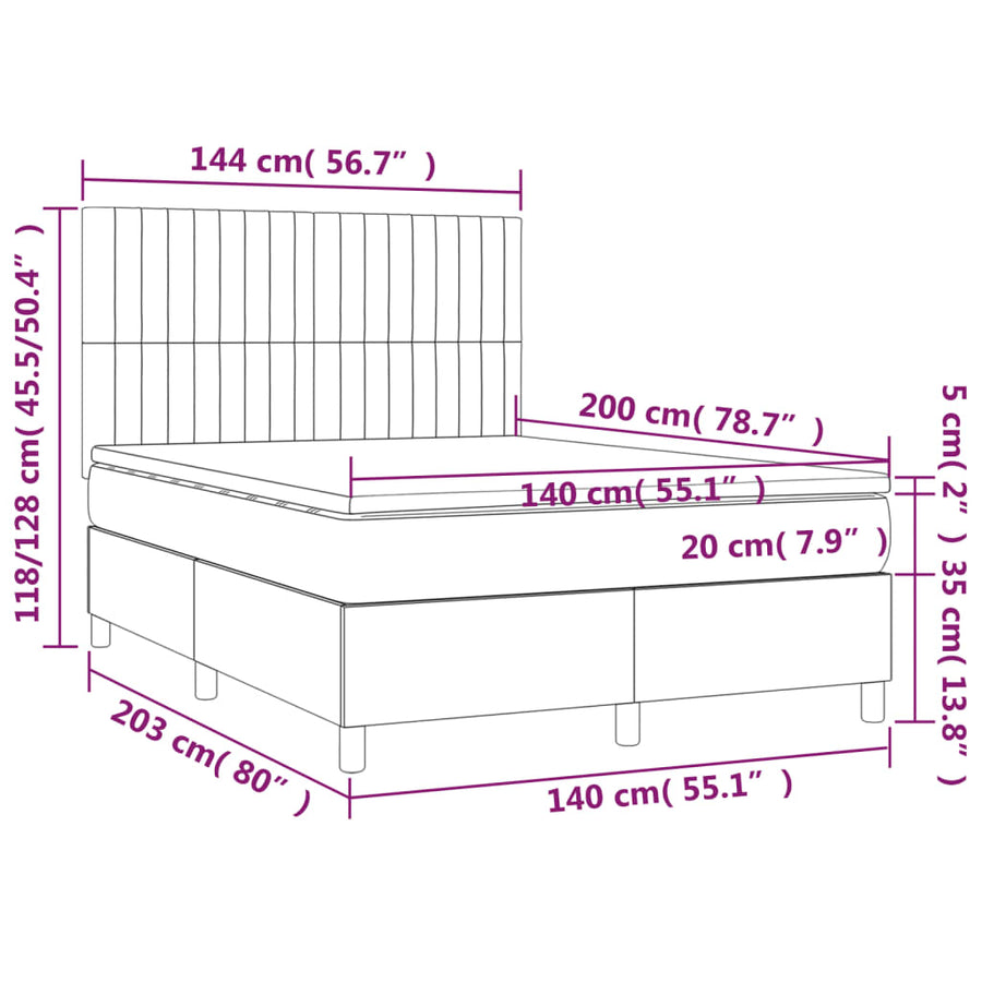 Boxspring Met Matras En Led Stof Taupe 140 x 200 cm Verticale strepen