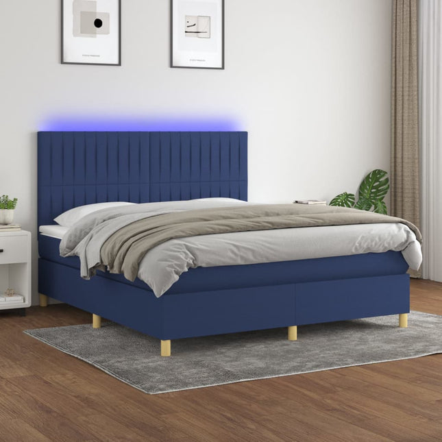 Boxspring Met Matras En Led Stof Blauw 160 x 200 cm Verticale strepen