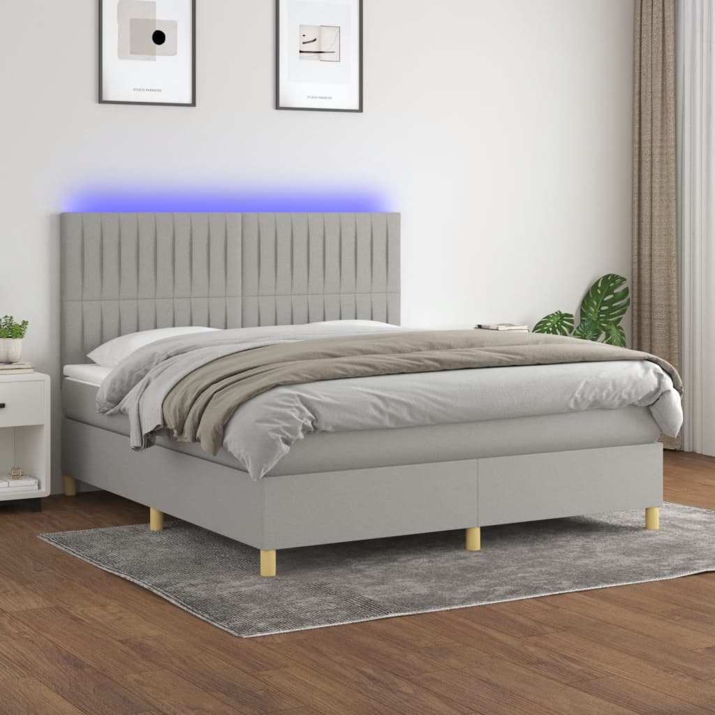 Boxspring Met Matras En Led Stof Lichtgrijs 180 x 200 cm Verticale strepen