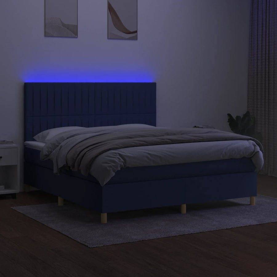 Boxspring Met Matras En Led Stof Blauw 180 x 200 cm Verticale strepen