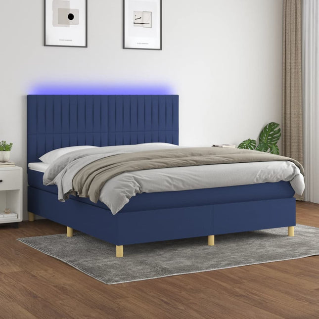 Boxspring Met Matras En Led Stof Blauw 180 x 200 cm Verticale strepen