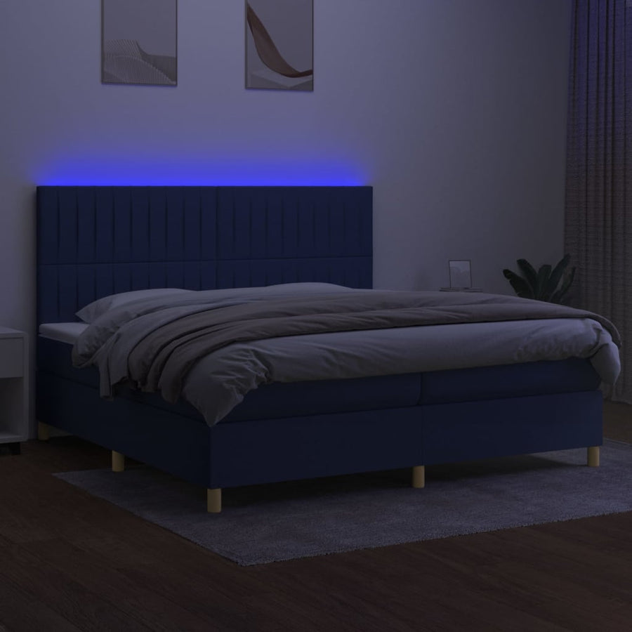 Boxspring Met Matras En Led Stof Blauw 200 x 200 cm Verticale strepen