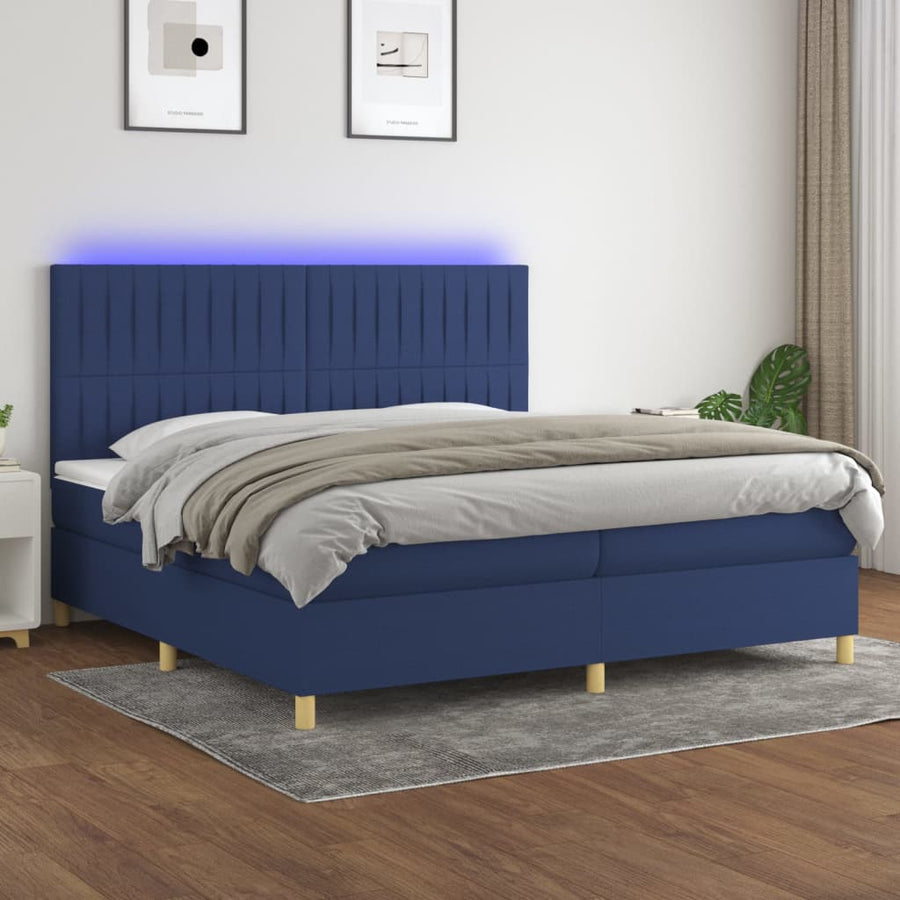 Boxspring Met Matras En Led Stof Blauw 200 x 200 cm Verticale strepen