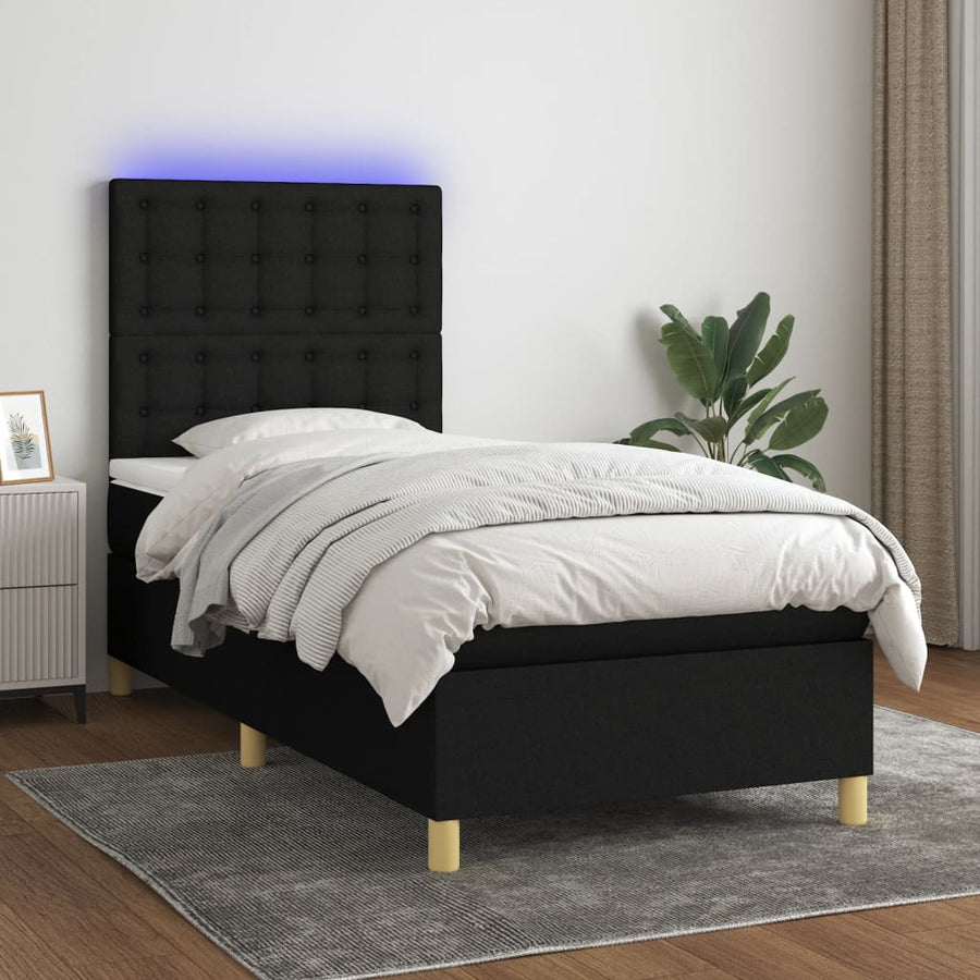 Boxspring Met Matras En Led Stof Zwart 90 x 200 cm Knopen