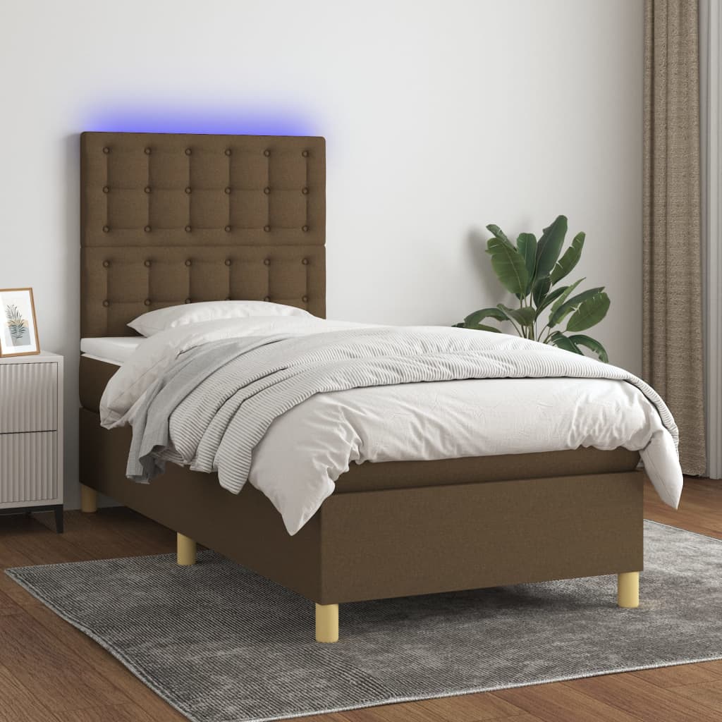 Boxspring Met Matras En Led Stof 80X200 Cm Donkerbruin 90 x 200 cm Knopen