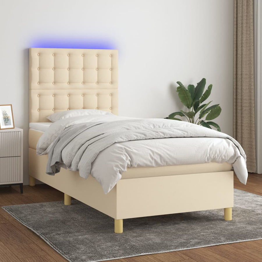 Boxspring Met Matras En Led Stof Crèmekleurig 80X200 Cm Crème 90 x 200 cm Knopen