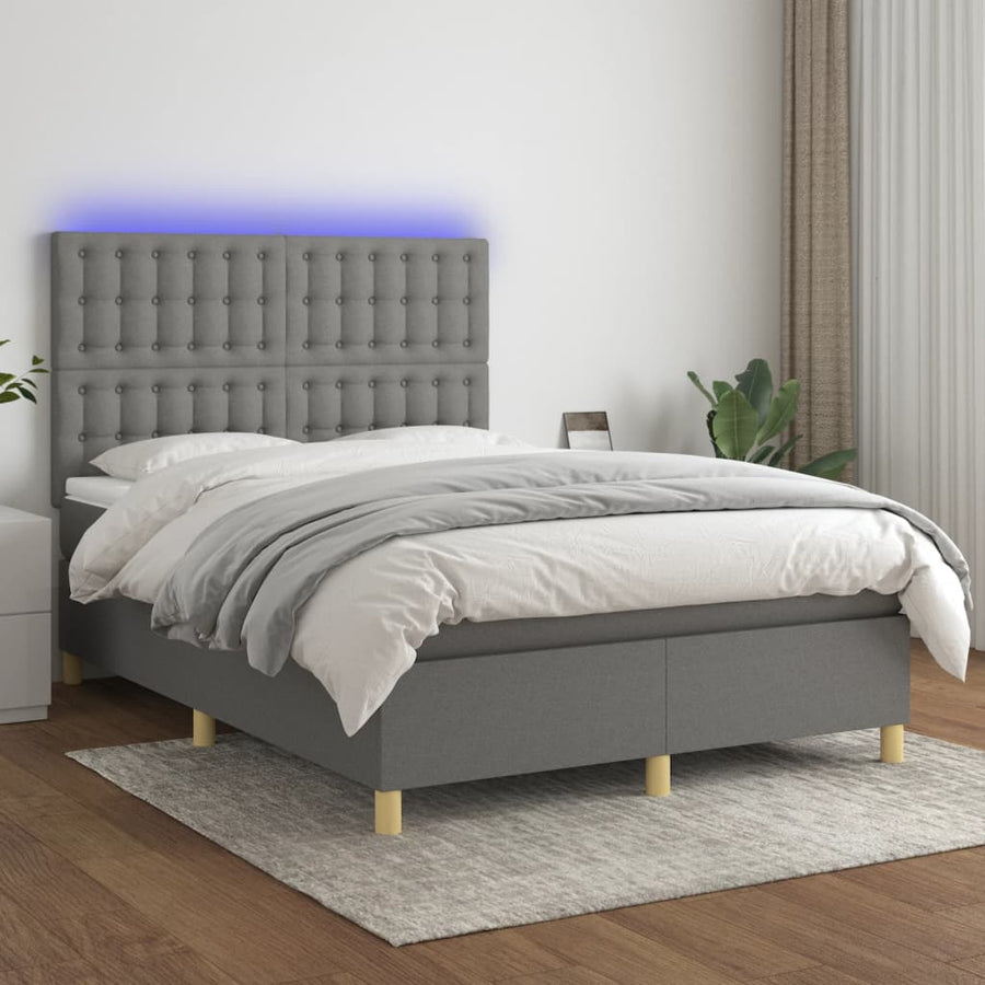 Boxspring Met Matras En Led Stof Donkergrijs 140 x 190 cm Knopen