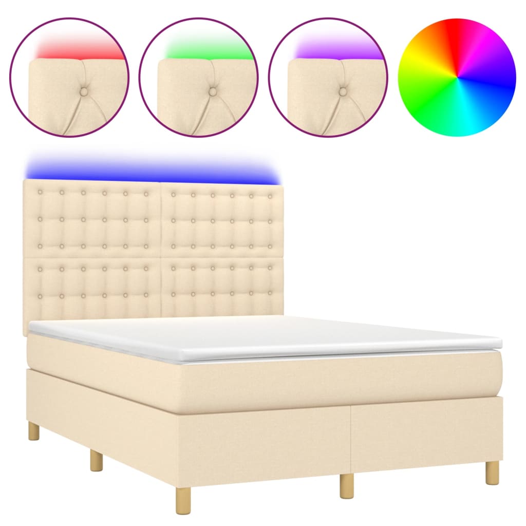 Boxspring Met Matras En Led Stof Kleurig Crème 140 x 190 cm Knopen