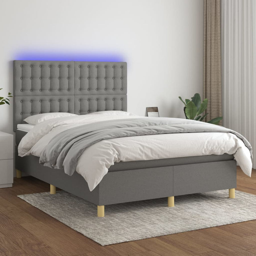 Boxspring Met Matras En Led Stof Donkergrijs 140 x 200 cm Knopen