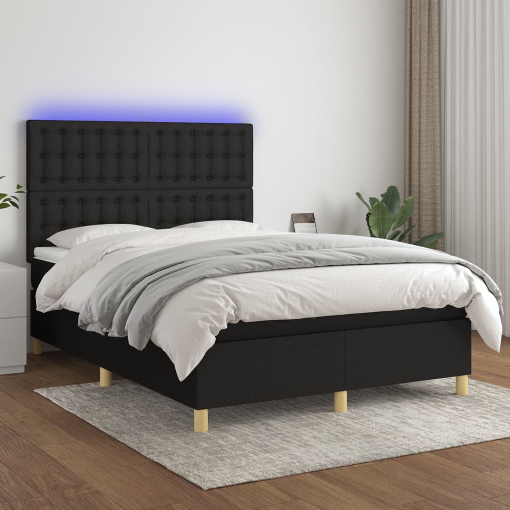 Boxspring Met Matras En Led Stof Zwart 140 x 200 cm Knopen