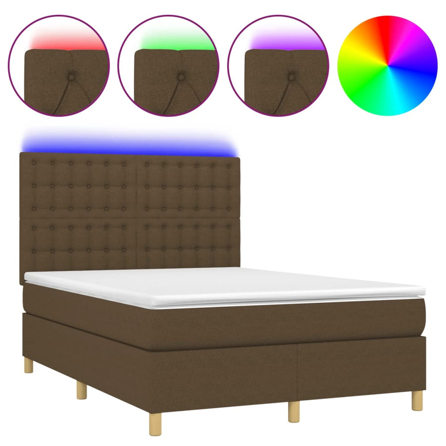 Boxspring met matras en LED stof donkerbruin 140x200 cm 140 x 200 cm Knopen