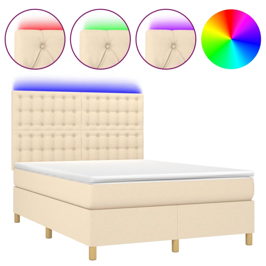 Boxspring Met Matras En Led Stof Kleurig Crème 140 x 200 cm Knopen