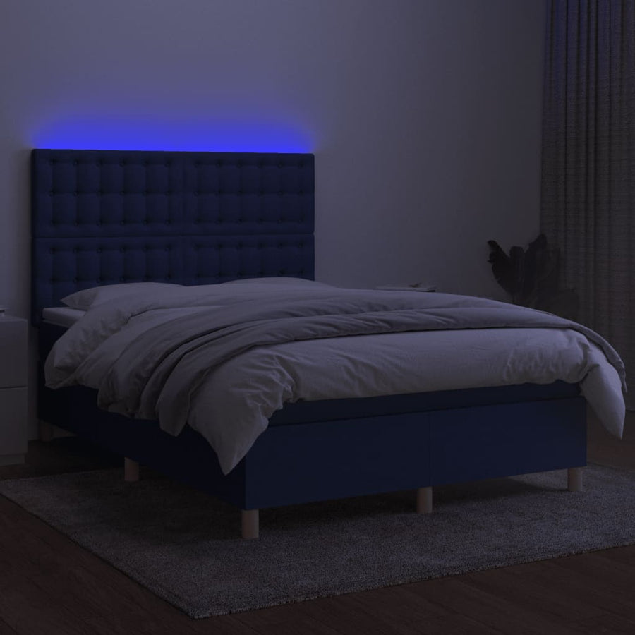 Boxspring Met Matras En Led Stof Blauw 140 x 200 cm Knopen