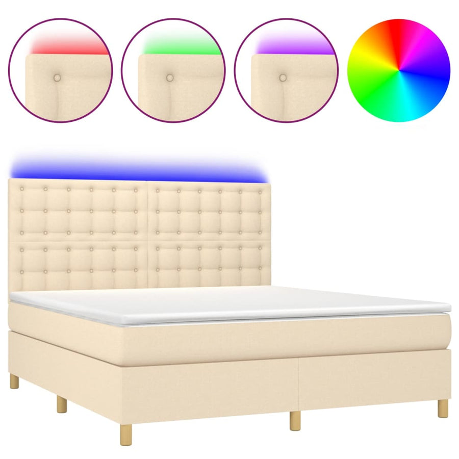 Boxspring Met Matras En Led Stof Crèmekleurig 180X200 Cm 180 x 200 cm Knopen