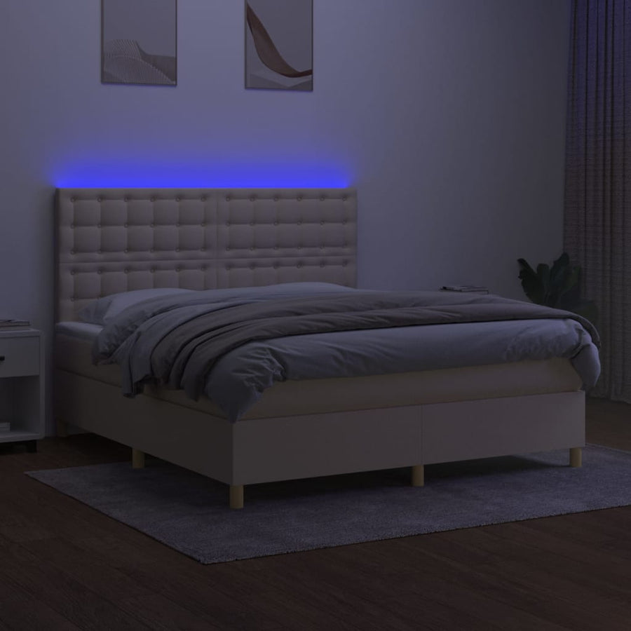 Boxspring Met Matras En Led Stof Crèmekleurig 180X200 Cm 180 x 200 cm Knopen