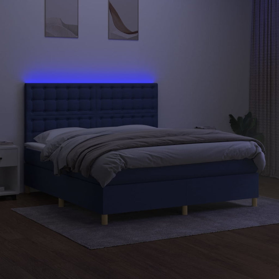 Boxspring Met Matras En Led Stof Blauw 180X200 Cm 180 x 200 cm Knopen