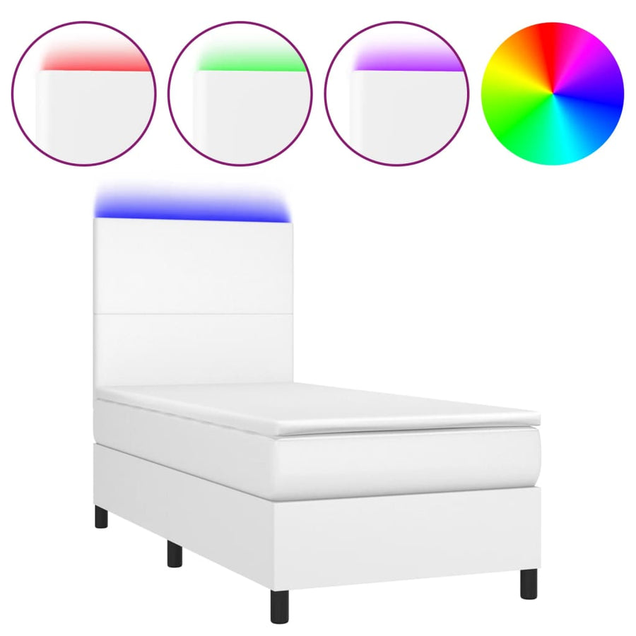 Boxspring Met Matras En Led Kunstleer Wit 90 x 190 cm Effen ontwerp