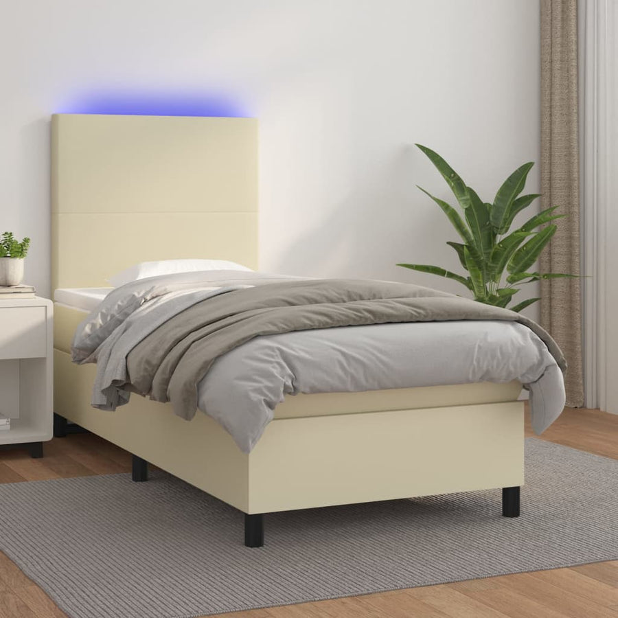 Boxspring Met Matras En Led Kunstleer Crèmekleurig 90X190 Cm 90 x 190 cm