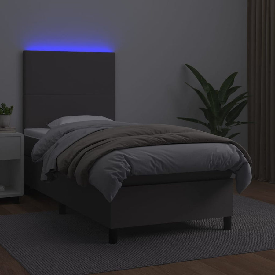 Boxspring Met Matras En Led Kunstleer Grijs 90 x 190 cm Effen ontwerp