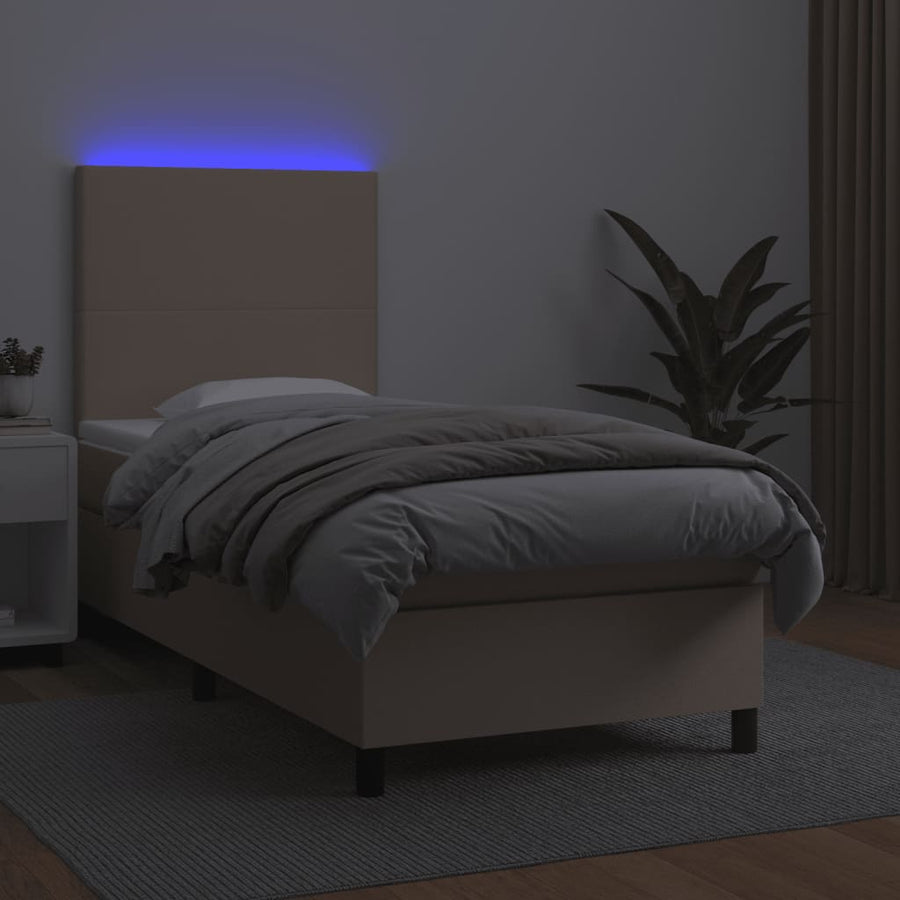 Boxspring Met Matras En Led Kunstleer Cappuccinokleur 90X190 Cm 90 x 190 cm Effen ontwerp