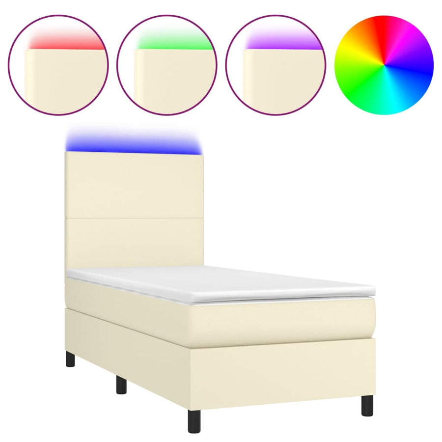 Boxspring Met Matras En Led Kunstleer Crèmekleurig 90X200 Cm 90 x 200 cm Effen ontwerp
