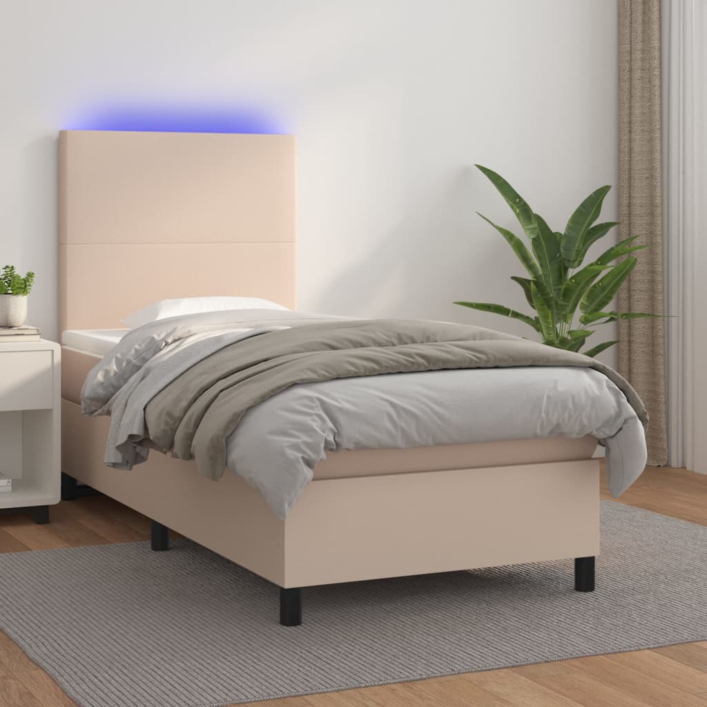 Boxspring Met Matras En Led Kunstleer Cappuccinokleur 90X200 Cm 90 x 200 cm Effen ontwerp