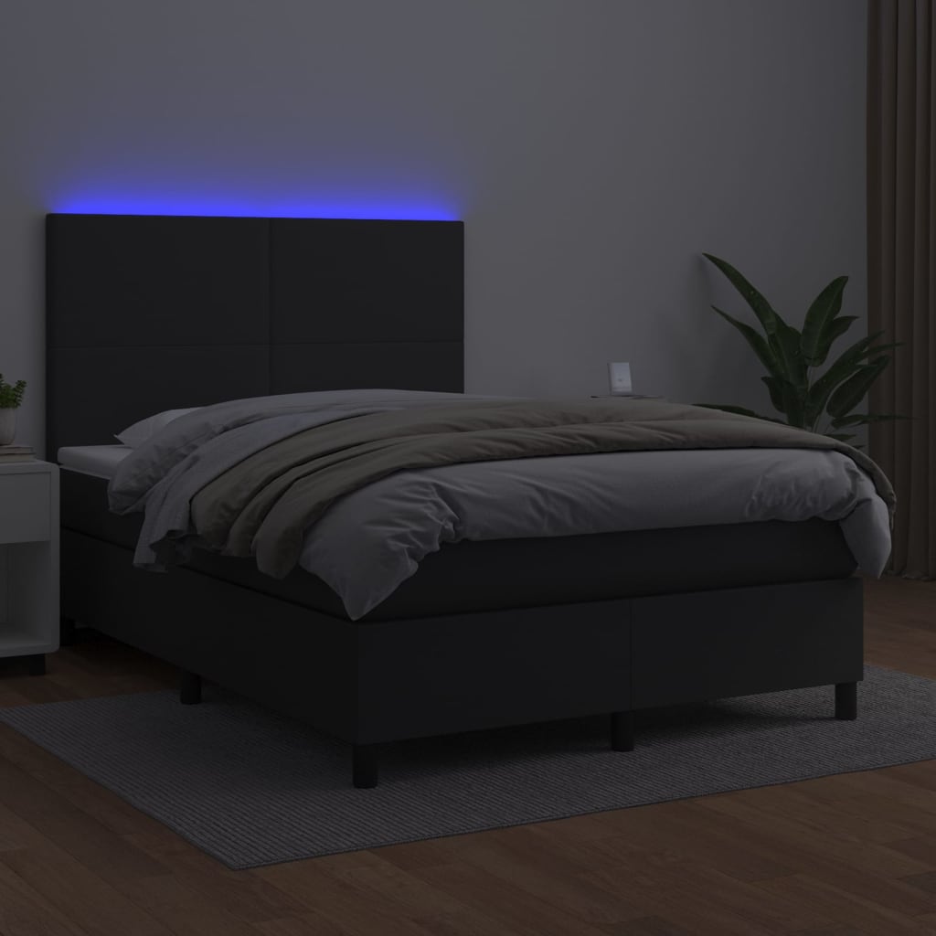 Boxspring Met Matras En Led Kunstleer Zwart 140 x 190 cm Effen ontwerp