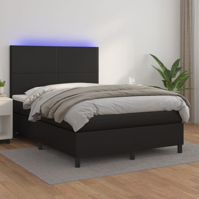 Boxspring Met Matras En Led Kunstleer Zwart 140 x 190 cm Effen ontwerp