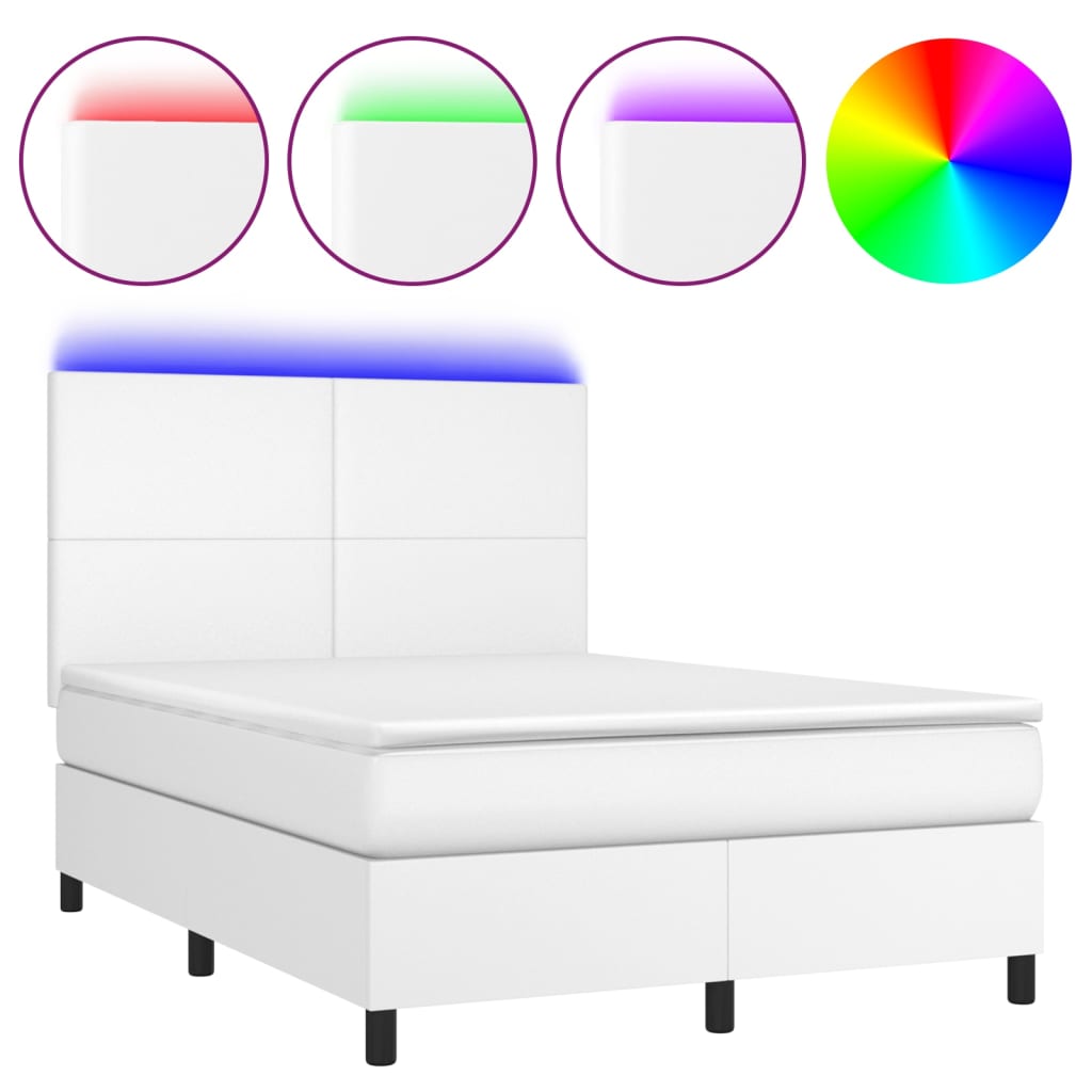 Boxspring Met Matras En Led Kunstleer Zwart Wit 140 x 190 cm Effen ontwerp