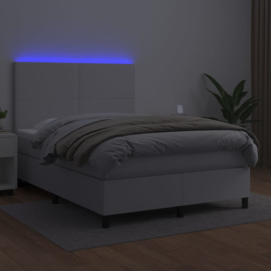 Boxspring Met Matras En Led Kunstleer Zwart Wit 140 x 190 cm Effen ontwerp