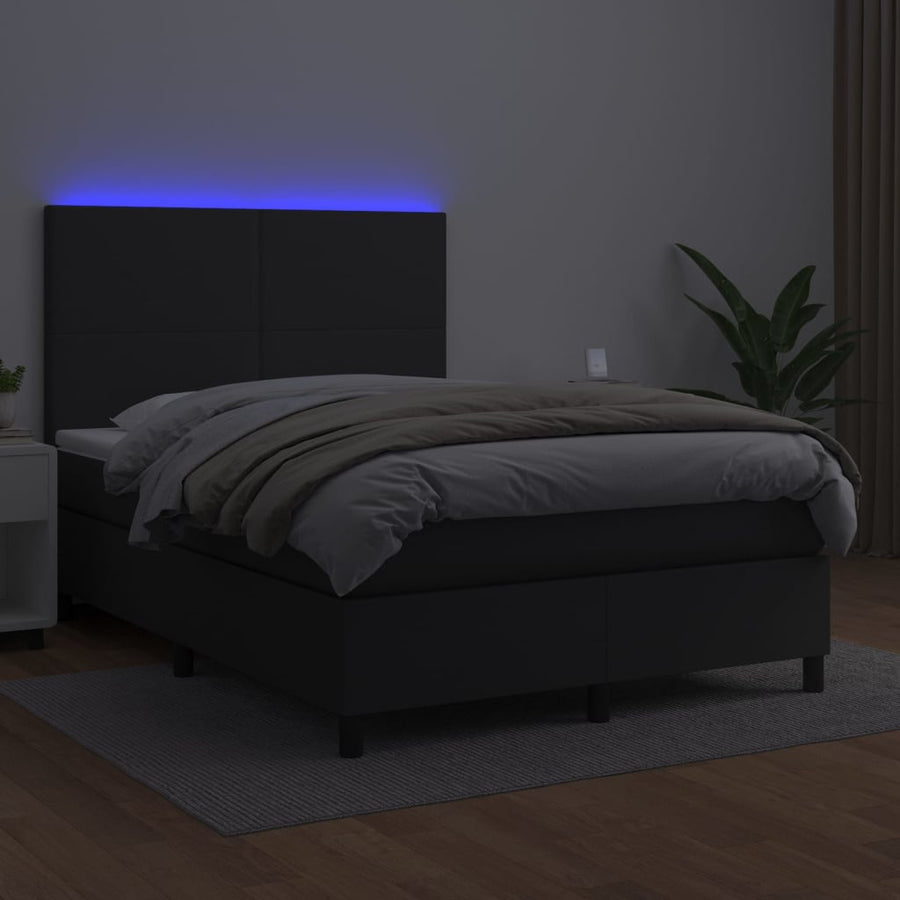 Boxspring Met Matras En Led Kunstleer Zwart 140 x 200 cm Effen ontwerp