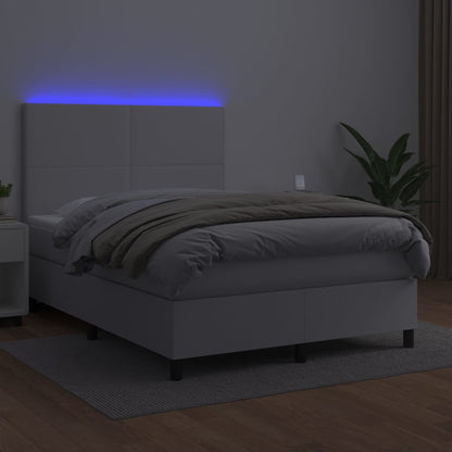 Boxspring Met Matras En Led Kunstleer Wit 140 x 200 cm Effen ontwerp