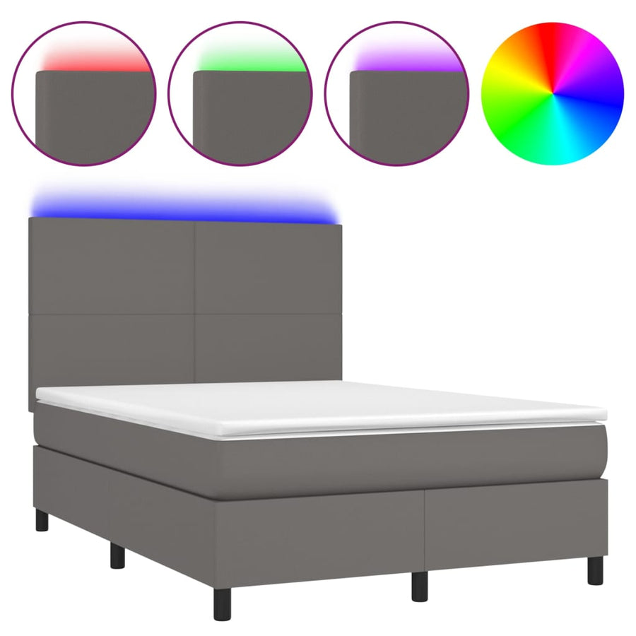 Boxspring Met Matras En Led Kunstleer Grijs 140 x 200 cm Effen ontwerp